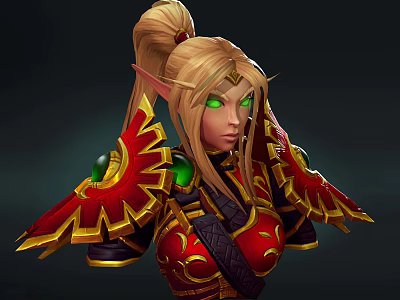 Female Elf Warrior With Blonde Ponytail Green Eyes And Red Gold Armor 3d model