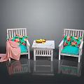 Cozy Seating With White Wooden Chairs Green Cushions Floral Pillows And Coffee Table