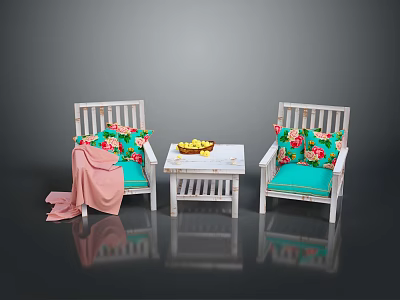 Cozy Seating With White Wooden Chairs Green Cushions Floral Pillows And Coffee Table 3d model