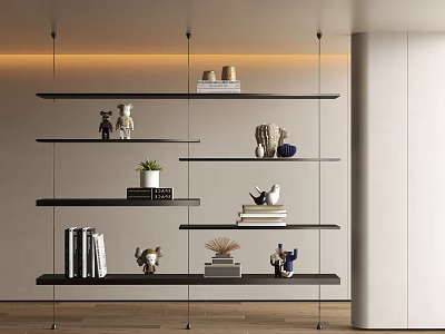 Modern Minimalist Study Room Interior With Glass Bookshelf Books Decorative Items And Potted Plant 3d model