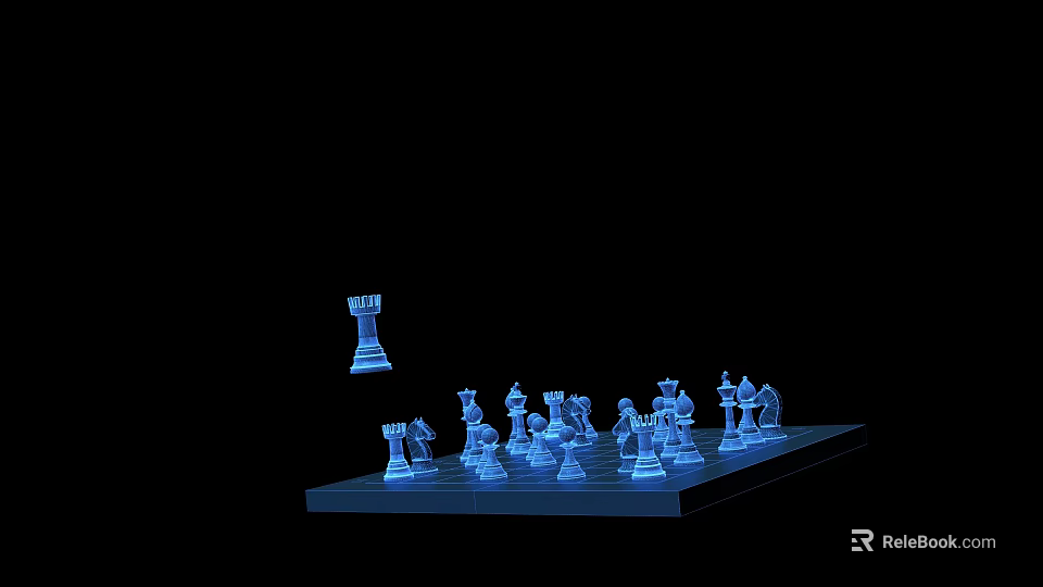 Blue Chess Pieces On Chessboard With Floating Figures For Board Game Entertainment 3d model 