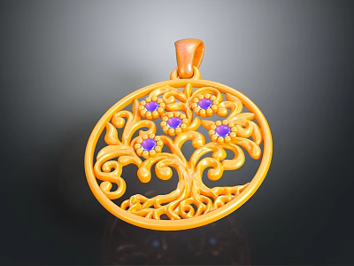 Yellow Gold Tree of Life Pendant with Purple Gemstones and Round Filigree Design 3d model