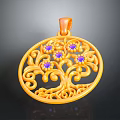 Yellow Gold Tree of Life Pendant with Purple Gemstones and Round Filigree Design