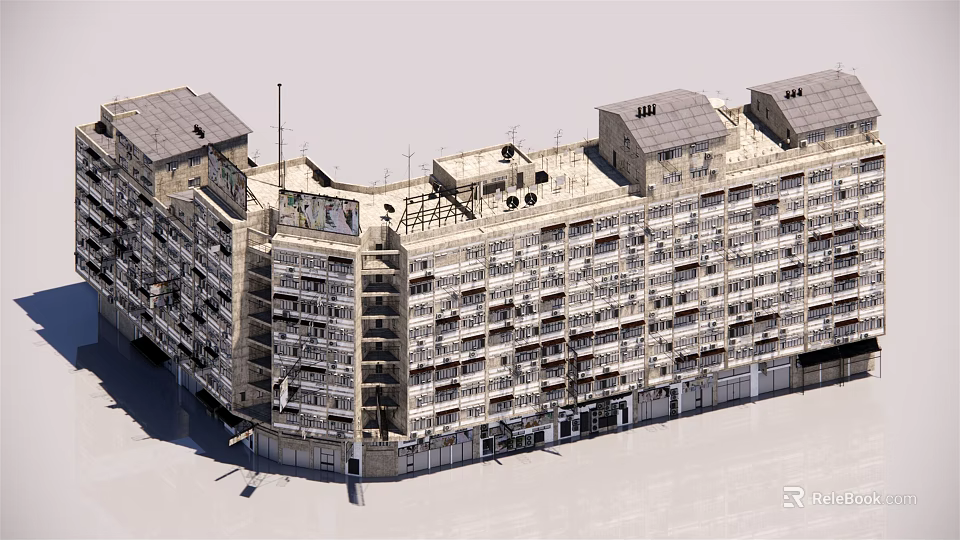 Old Multi Story Apartment Building Exterior With Multiple Balconies And Rooftop Structures 3d model 