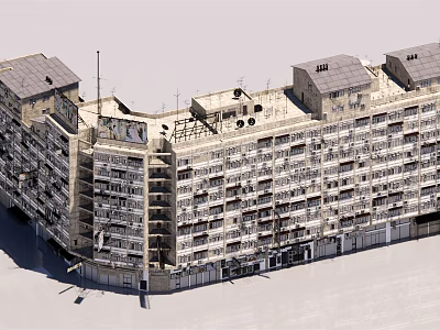 Old Multi Story Apartment Building Exterior With Multiple Balconies And Rooftop Structures 3d model