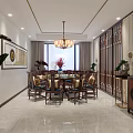 Chinese Style Interior With Landscape Screen Wooden Storage And Seats