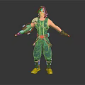 3D Male Warrior Character With Black Hair Blue Outfit Mechanical Arm And Yellow Shoes