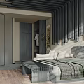Hotel Guest Room Interior With Dark Wooden Slat Ceiling Seating Area And Sculpture