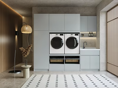 Modern Bathroom Cabinetry with Gray Double Washing Machines Sink and Storage Design 3d model