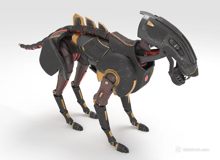 Futuristic Black Gold Mechanical Creature Dog Like Structure Red Joint Accents Helmet Head Design 3d model 