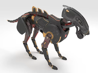 Futuristic Black Gold Mechanical Creature Dog Like Structure Red Joint Accents Helmet Head Design 3d model