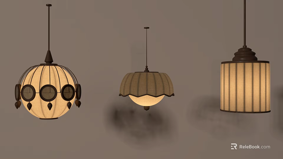 Unique Chandeliers With Round Bell Shaped And Cylindrical Fabric Shades Design 3d model 