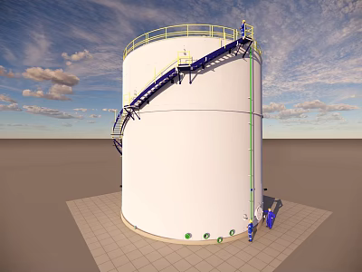 Large White Storage Tank Featuring Blue Staircase Yellow Guardrail And Green Markers 3d model