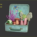 Butterfly In Light Blue Suitcase With Yellow Flowers Mushroom Skull And Pink Crystals