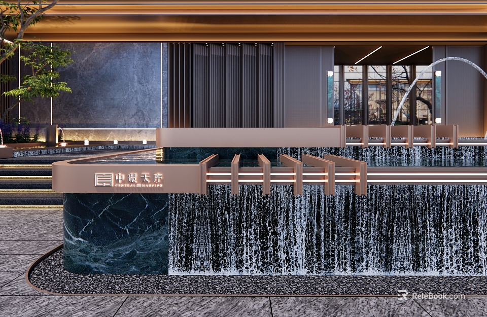 Elegant Modern Fountain With Waterfall Feature And Marble Base Decorative Elements 3d model 