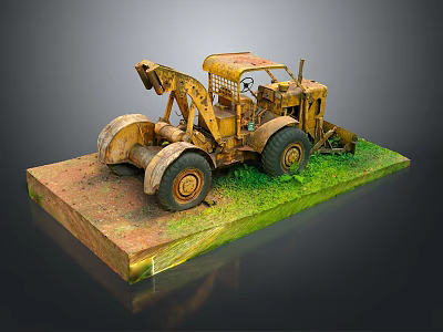Old Yellow Utility Vehicle Showcased On Dirt And Grass Display Platform 3d model