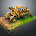 Old Yellow Utility Vehicle Showcased On Dirt And Grass Display Platform