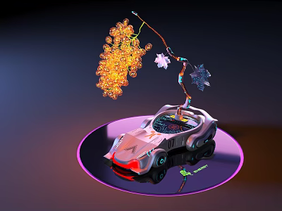 Commercial Equipment Featuring Robotic Arm Illuminated Yellow Parts Blue Star Object On Circular Reflective Platform 3d model