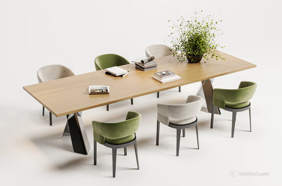 Wooden Dining Table With Green And Gray Chairs Books And Potted Plant Modern Design 3d model 