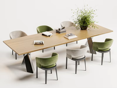 Wooden Dining Table With Green And Gray Chairs Books And Potted Plant Modern Design 3d model