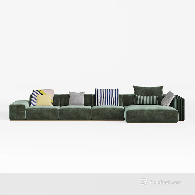 Green Velvet Sectional Sofa With Modern Design Various Patterned Pillows And Comfortable Seating 3d model
