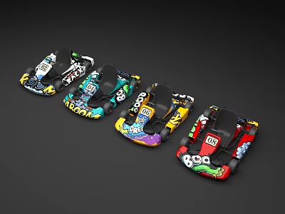 Colorful Go Karts with Cartoon Patterns Bright Colors Number 100 Arranged in Row 3d model