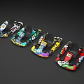 Colorful Go Karts with Cartoon Patterns Bright Colors Number 100 Arranged in Row