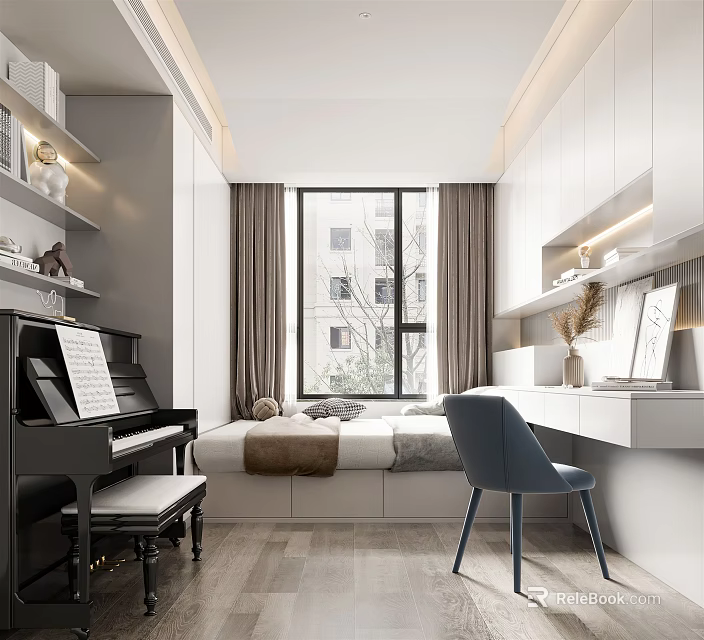 Modern Tatami Bedroom Interior With Piano Desk Chair Window Curtains And Shelves 3d model 