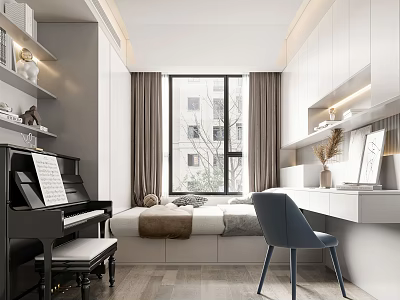 Modern Tatami Bedroom Interior With Piano Desk Chair Window Curtains And Shelves 3d model