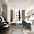 Modern Tatami Bedroom Interior With Piano Desk Chair Window Curtains And Shelves