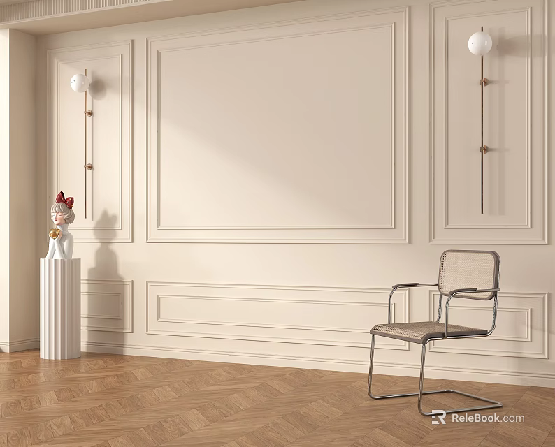 Elegant Beige Paneled Background Wall Design With Wall Lamps Chair And Wooden Floor 3d model 