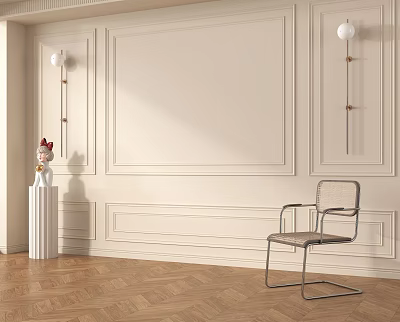 Elegant Beige Paneled Background Wall Design With Wall Lamps Chair And Wooden Floor 3d model