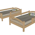 Two Wooden Children's Beds With Guardrails Light Colored Mattress And Green White Pillows
