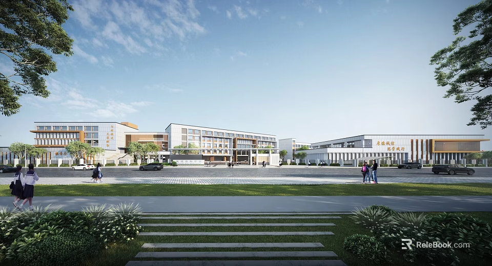 Modern School Buildings Exterior Design With Open Plaza Green Space And People Walking 3d model 