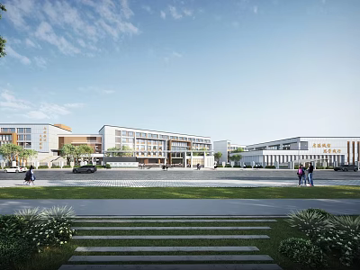 Modern School Buildings Exterior Design With Open Plaza Green Space And People Walking 3d model