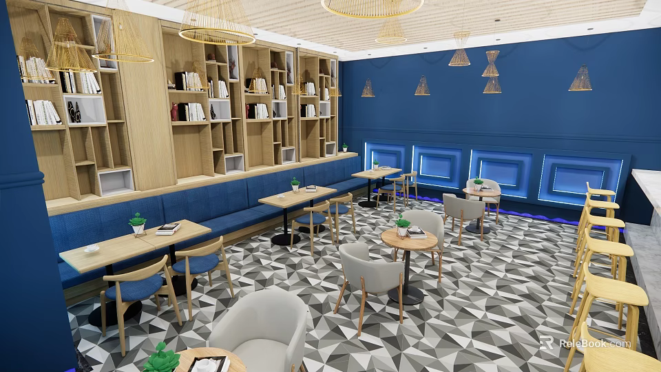 Modern Restaurant Interior With Blue Walls Bookshelves Chandeliers And Geometric Floor 3d model 