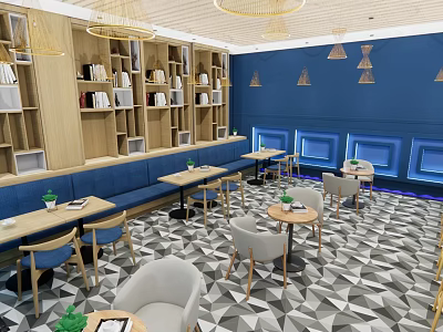 Modern Restaurant Interior With Blue Walls Bookshelves Chandeliers And Geometric Floor 3d model