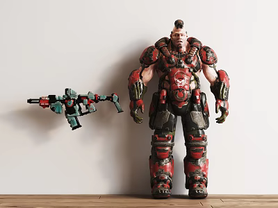 Muscular Game Movie Character In Red And Black Armor With Green And Red Weapon 3d model
