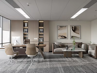 Modern Office Interior Design With Work Desk Chairs Bookshelves Sofa And Paintings 3d model