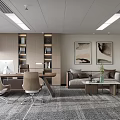 Modern Office Interior Design With Work Desk Chairs Bookshelves Sofa And Paintings
