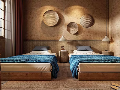 Hotel Guest Room Featuring Twin Beds Blue Bedspreads And Circular Wall Decorations 3d model