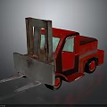 Red Toy Forklift With Metal Forks And Reflective Surface On Gray Background