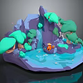Modern 3D Cartoon Natural Scene With Mountain Trees Waterfall Pond And Figure