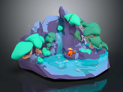 Modern 3D Cartoon Natural Scene With Mountain Trees Waterfall Pond And Figure 3d model