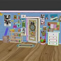 Kids Room Hinged Door With Blue Wall Decor Bookshelf Storage Cabinet And Wooden Floor