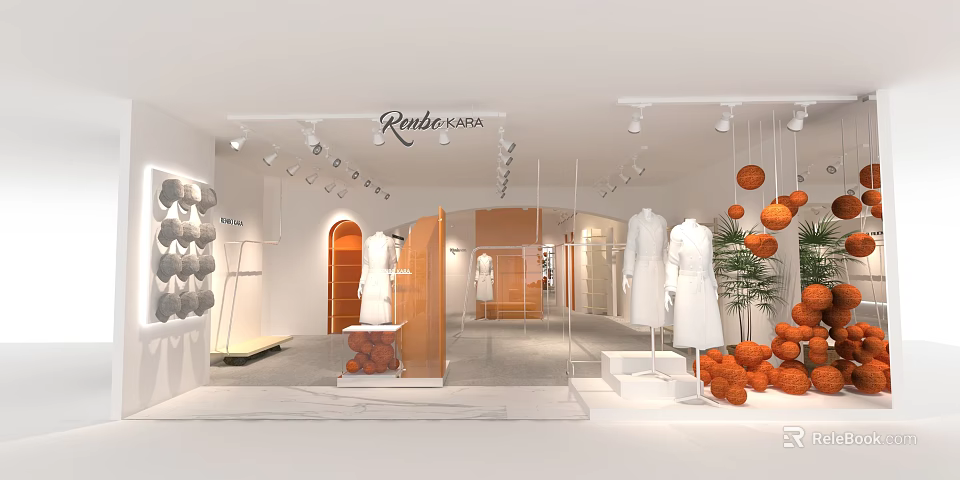 Rendersosa Clothing Store Interior With White Mannequins Orange Decorative Balls Display Racks And Modern Lighting 3d model 