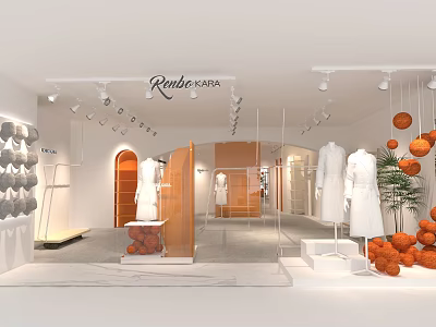 Rendersosa Clothing Store Interior With White Mannequins Orange Decorative Balls Display Racks And Modern Lighting 3d model