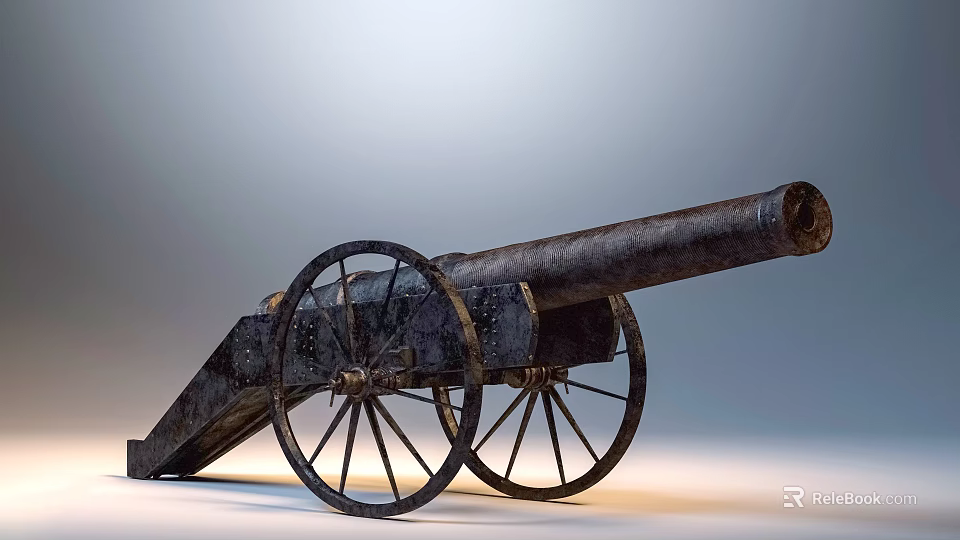 Vintage Metal Cannon Featuring Large Spoked Wheels And Historical Weapon Design 3d model 