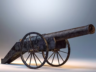 Vintage Metal Cannon Featuring Large Spoked Wheels And Historical Weapon Design 3d model