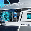 Futuristic Digital Corridor Interior With Large Data Screens And People Walking 3d model